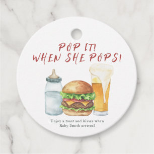 Pop het als ze poppen!Burgers, biertje en Baby sho Bedankjes Labels