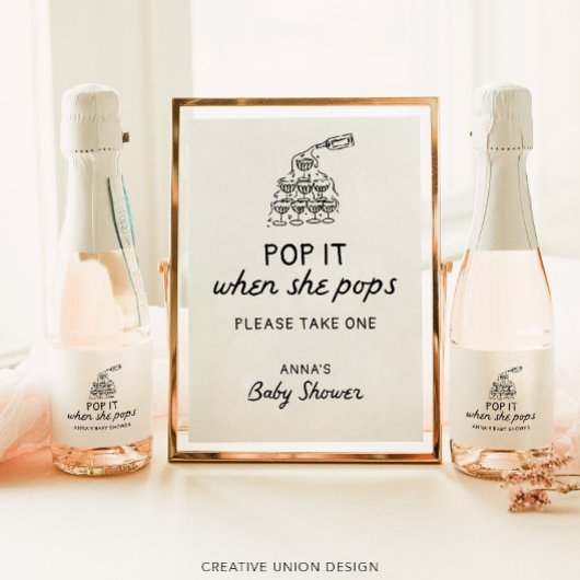 Pop het als ze Poppen hand getrokken Baby shower g Sparkling Wijnetiket
