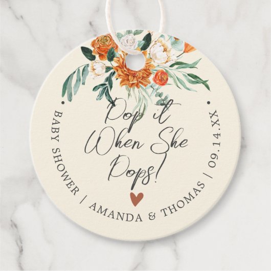 Pop het als ze Poppen Sinaasappel Flowers Baby sho Bedankjes Labels (Voorkant)