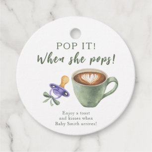 Pop het als zij komt! Koffie baby shower Bedankjes Labels