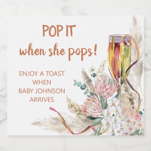 Pop Het Baby shower Boho Pampas Floral Sparkling Wijnetiket (Enkel label)