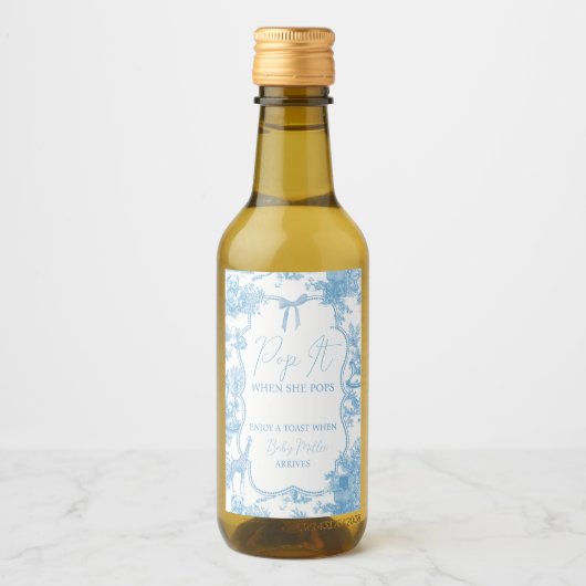 Pop Het Blauw Wit Toile de Jouy Beer Baby shower Wijn Etiket (Voorkant)