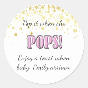 Pop het! Roze, Baby shower, Wijn, Champagne, Ronde Sticker