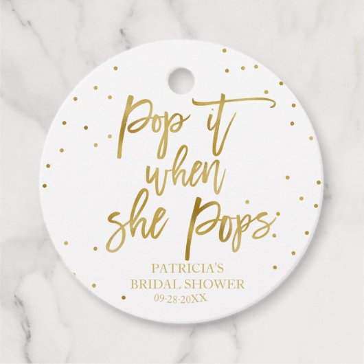 Pop het wanneer ze Pop goudfolie Baby shower Bedankjes Labels (Voorkant)