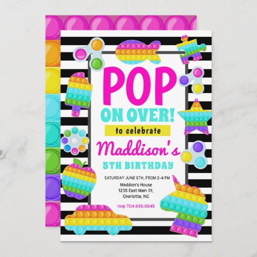 Pop It Birthday Invitation, Pop Fidget Invitation, Kaart (Voorkant / Achterkant)