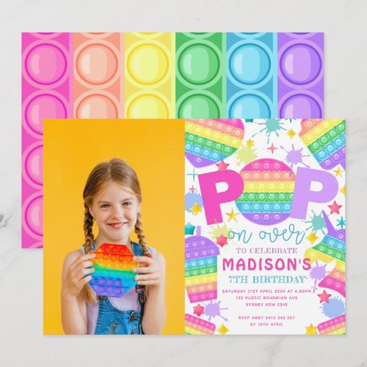 Pop It Foto Birthday Party Invitation Kaart (Voorkant / Achterkant)