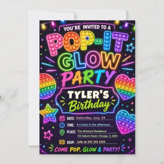 Pop It Glow Verjaardagsfeestje Kaart (Voorkant)