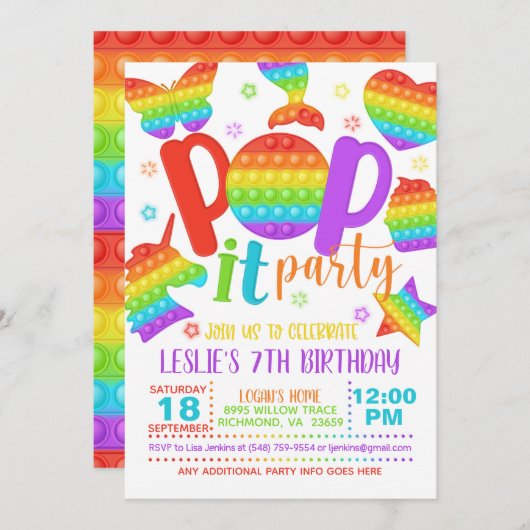 Pop It Party Birthday Invitation - Rainbow Kaart (Voorkant / Achterkant)