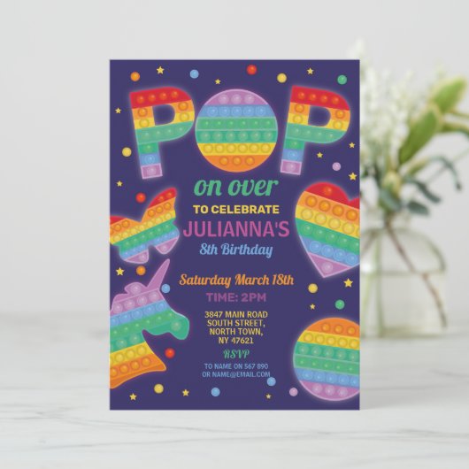 Pop it Party Fidget Birthday Navy Invitation Kaart (Staand voorkant)