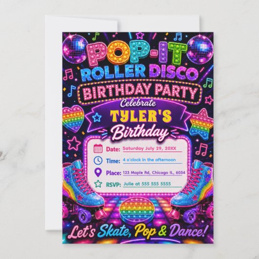 Pop It Roller Disco Verjaardagsfeest Kaart (Voorkant)
