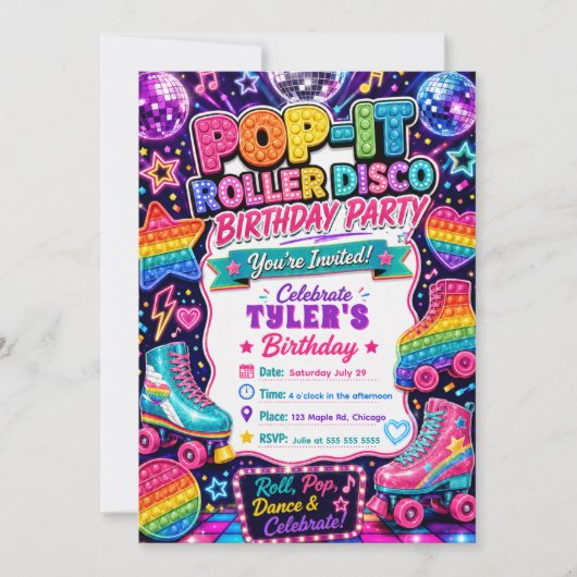 Pop It Roller Disco Verjaardagsfeestje Kaart (Voorkant)