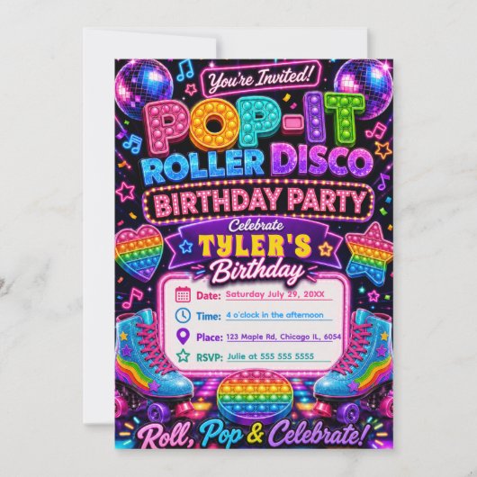 Pop It Roller Disco Verjaardagsfeestje Kaart (Voorkant)