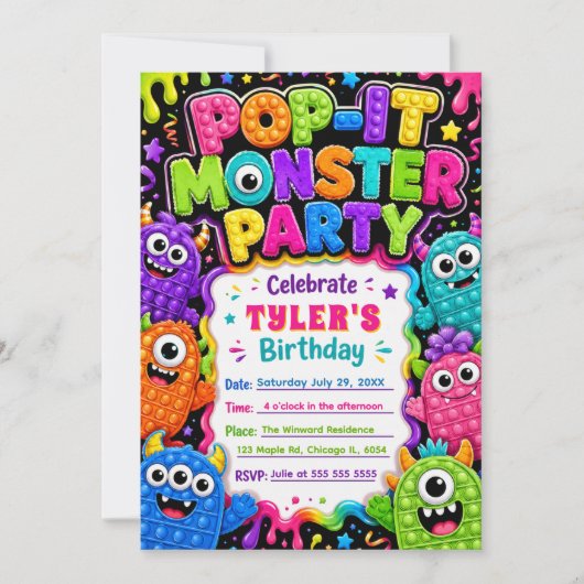 Pop It Schattig Monster Verjaardagsfeestje Kaart (Voorkant)