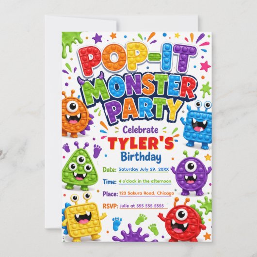 Pop It Schattige Monsters Verjaardagsfeestje Kaart (Voorkant)
