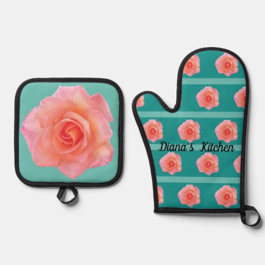 Pop koraal roos ovenwant & pannenlap set (Voorkant)