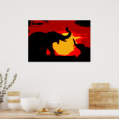 Pop Kunst Baby & Moeder Olifanten bij Rode Zonsond Poster (Keuken)