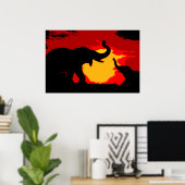 Pop Kunst Baby & Moeder Olifanten bij Rode Zonsond Poster (Thuiskantoor)