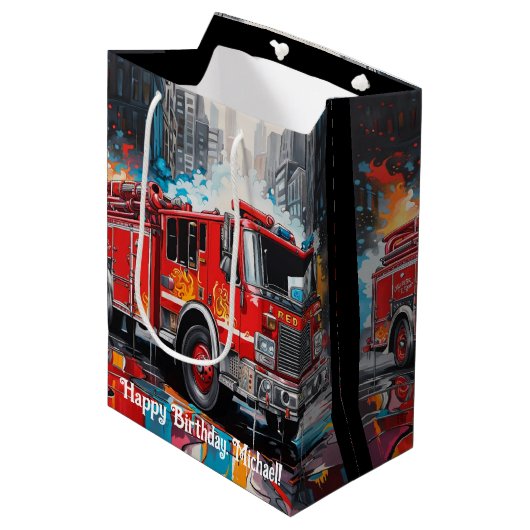 Pop Kunst Brandweerwagen in Stad Medium Cadeauzakje (Voorkant Gekanteld)