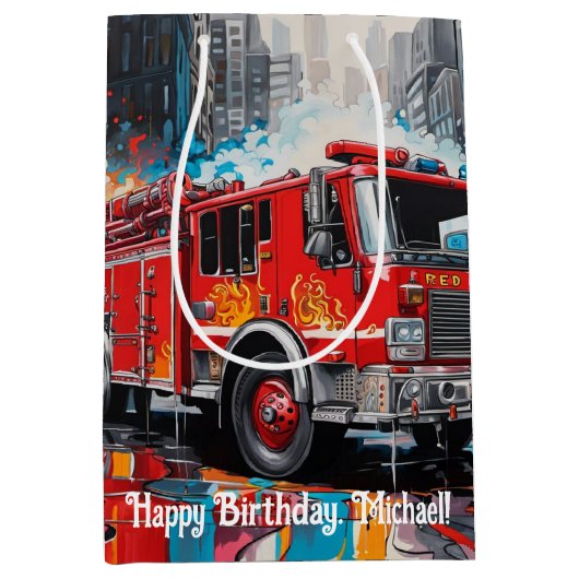 Pop Kunst Brandweerwagen in Stad Medium Cadeauzakje (Voorkant)