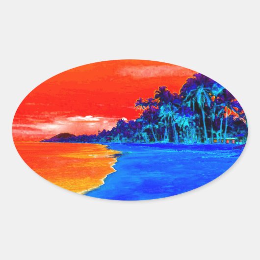 Pop Kunst Exotic Beach Palm Trees Ovale Sticker (Voorkant)
