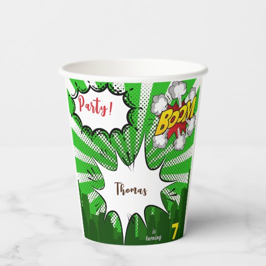 Pop kunst groene komiek verjaardag papieren bekers (Achterkant)