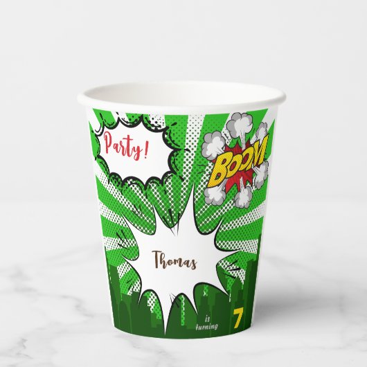 Pop kunst groene komiek verjaardag papieren bekers (Voorkant)