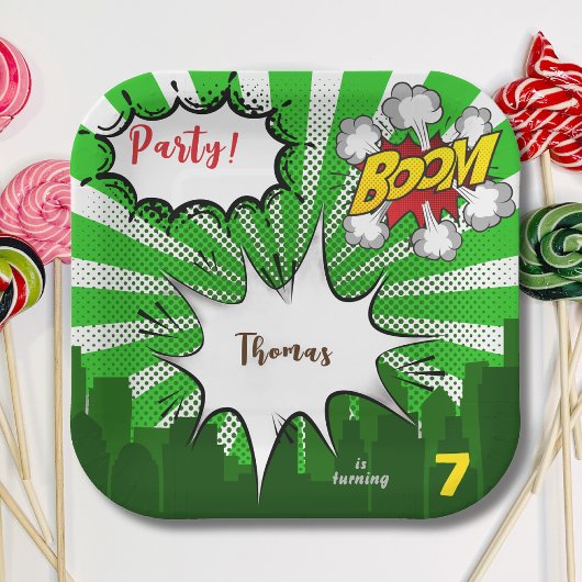 Pop kunst groene komiek verjaardag papieren bordje