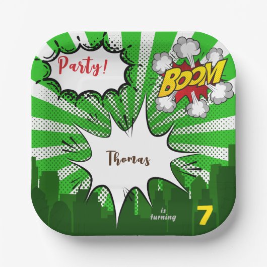 Pop kunst groene komiek verjaardag papieren bordje (Voorkant)