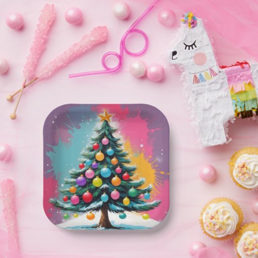 Pop kunst kerst met spatten van kleuren papieren bordje (Feest)