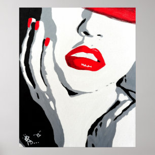 Pop kunst portret poster rode lippen en nagels