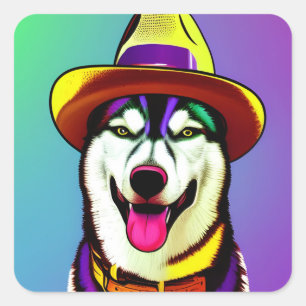 Pop Kunst schilderen van een Husky Dog die een Pet Vierkante Sticker