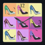 Pop Kunst Stiletto-pompen / schoenen / vierkant op Vierkante Klok<br><div class="desc">Klok in de "Glorification of the Stiletto"-afdruk - Pop Kunstweergave van de geliefde stiletto-pomp</div>