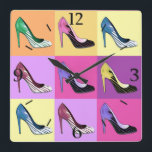 Pop Kunst Stiletto-pompen / schoenen / vierkant op Vierkante Klok<br><div class="desc">Klok in de "Glorification of the Stiletto"-afdruk - Pop Kunstweergave van de geliefde stiletto-pomp</div>
