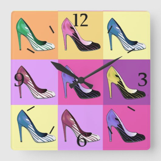 Pop Kunst Stiletto-pompen / schoenen / vierkant op Vierkante Klok (Voorkant)