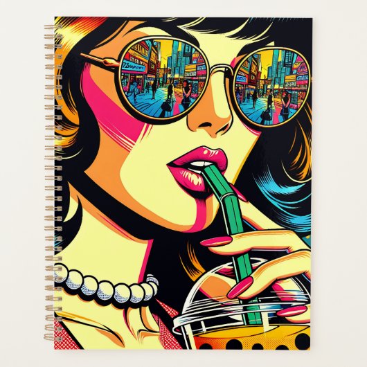 Pop Kunst Stripboek Vrouw Drink Boba Planner (Voorkant)