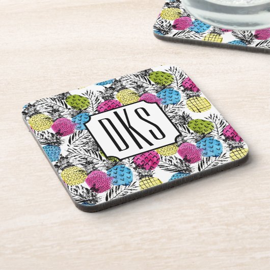 Pop kunstananassen en palmbladeren | Monogram Onderzetter (Linkerzijde)