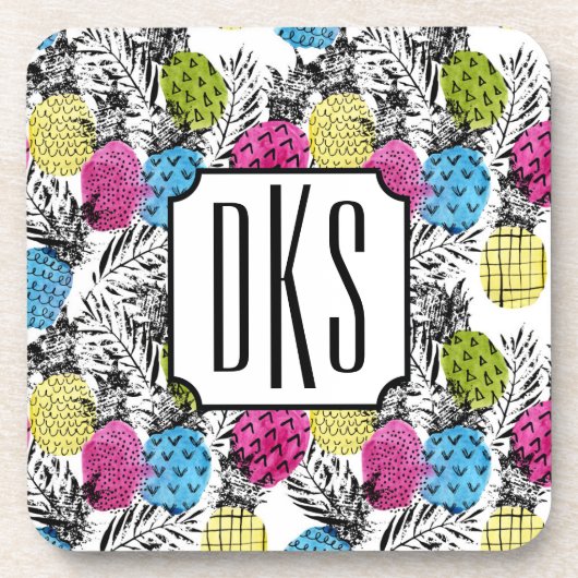 Pop kunstananassen en palmbladeren | Monogram Onderzetter (Voorkant)