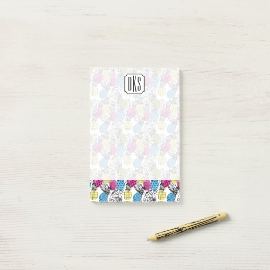 Pop kunstananassen en palmbladeren | Monogram Post-it® Notes (Op bureau)