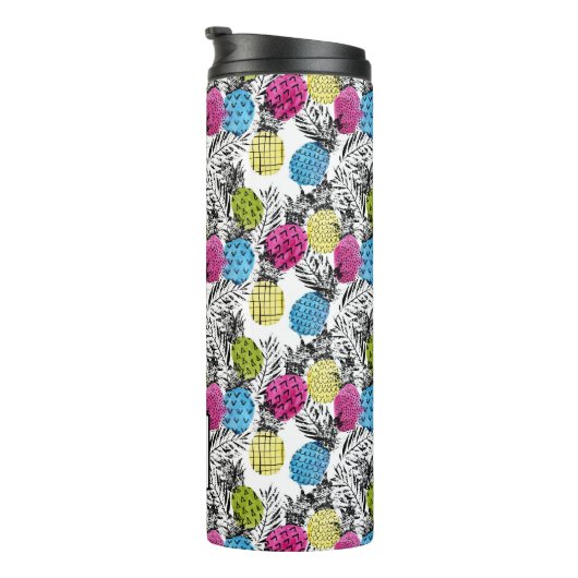 Pop kunstananassen en palmbladeren | Monogram Thermosbeker (Geroteerd rechts)