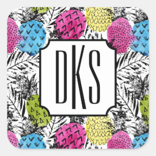 Pop kunstananassen en palmbladeren   Monogram Vierkante Sticker