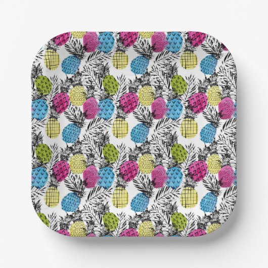 Pop kunstananassen en palmbladeren papieren bordje (Voorkant)