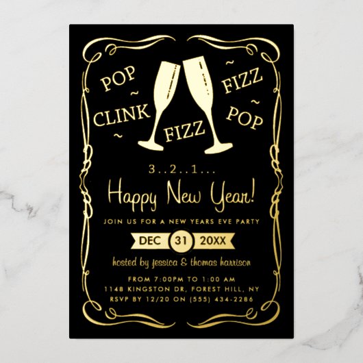 Pop, link, Fizz, New Years Eve Party Real Folie Uitnodiging (Voorkant)