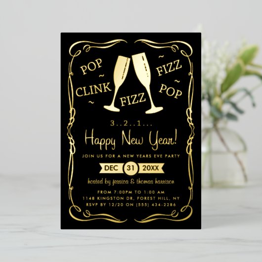 Pop, link, Fizz, New Years Eve Party Real Folie Uitnodiging (Staand Voorkant)