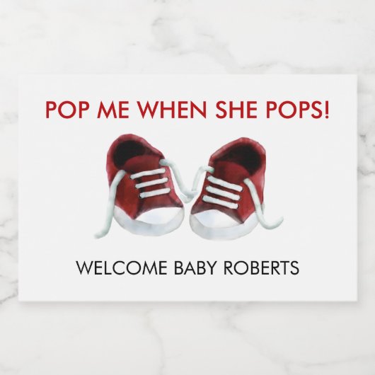 Pop me als ze Pop, rode Baby Sneakers Sparkling Wijnetiket (Enkel label)