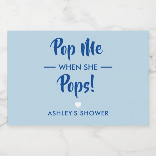 Pop me als ze Poppen, Baby shower label, blauw Sparkling Wijnetiket (Enkel label)