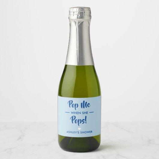 Pop me als ze Poppen, Baby shower label, blauw Sparkling Wijnetiket (Voorkant)