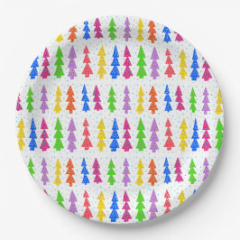 Pop met kleurrijke kerstbomen papieren bordje