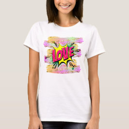 Pop met komische stijl Kunst Retro Gele Roze LOVE T-shirt