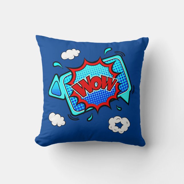 Pop met komische stijl Kunst Retro Rood Blauw WOW Kussen (Voorkant)