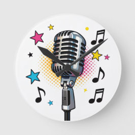 Pop microphone with colorful stars and music notes ronde klok